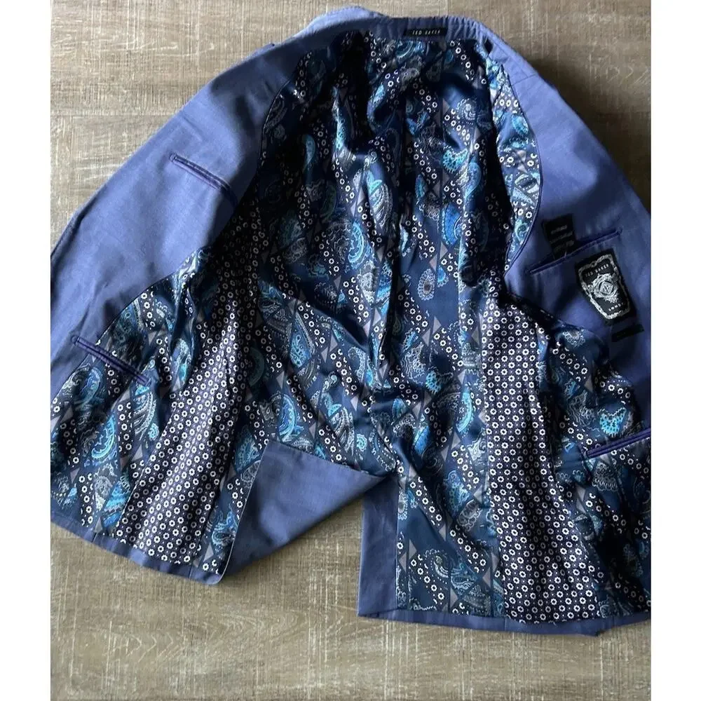 Ted Baker London Sport Coat Mens 38R Blue Wool Blazer Paisley Lining Jacket EUC